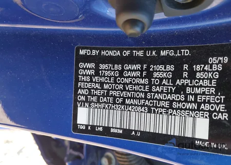 2019 Honda Civic Lx из США, поврежденный, VIN SHHFK7H32KU420843